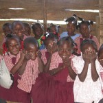 School children reacting to the camera flash